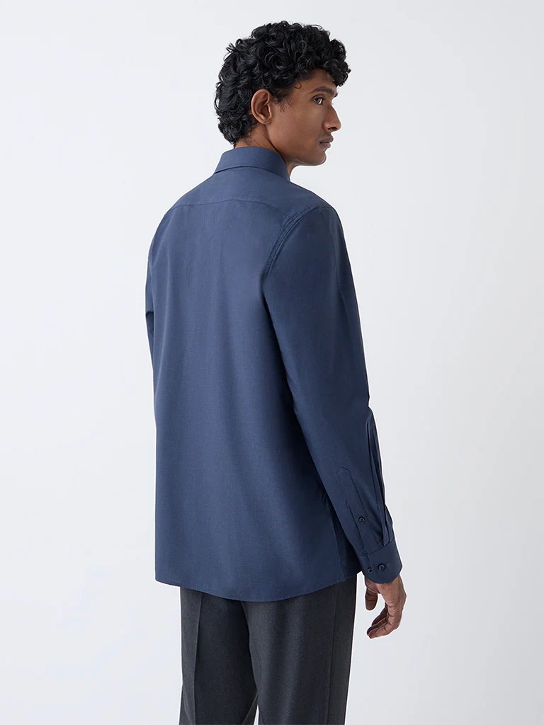 WES Formals Navy Solid Slim-Fit Cotton Shirt - Image 4