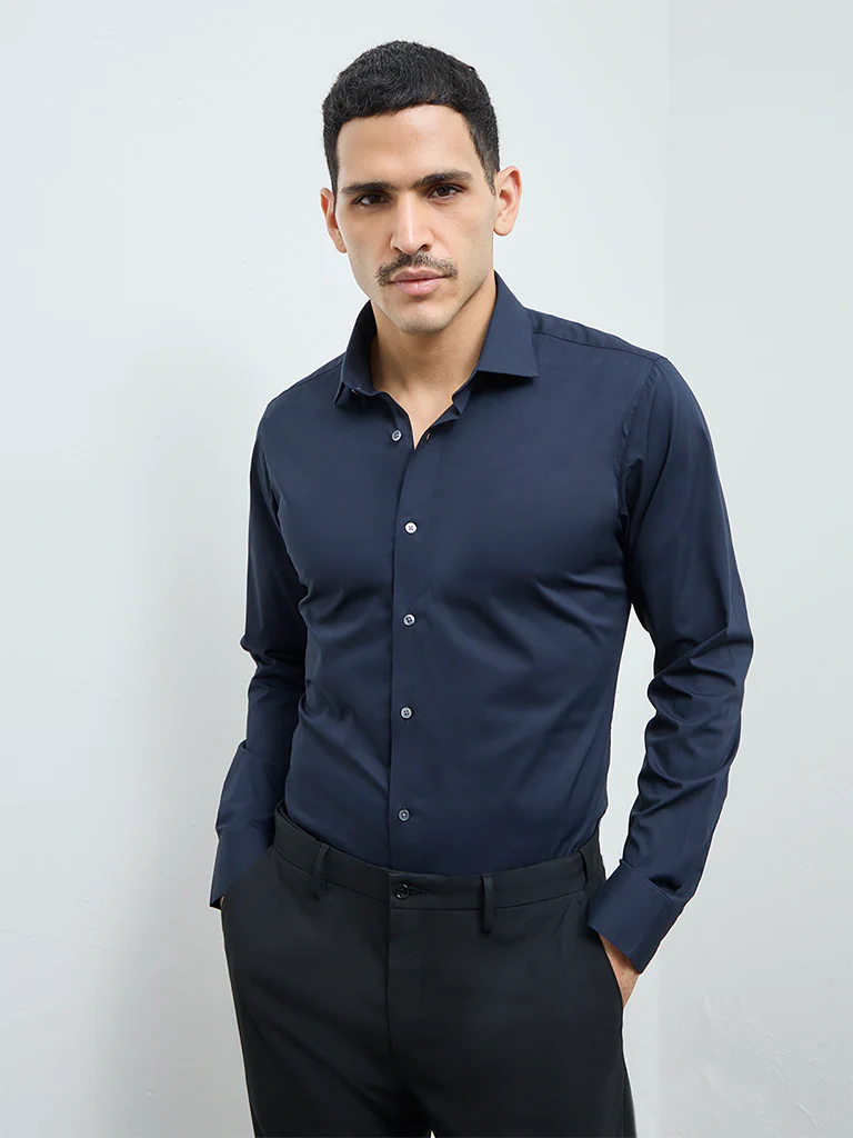 WES Formals Navy Solid Slim-Fit Cotton Shirt