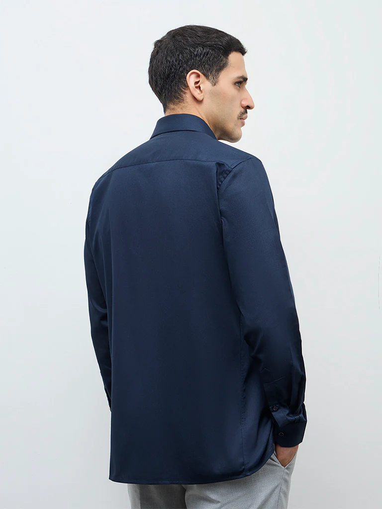 WES Formals Navy Solid Slim-Fit Cotton Shirt - Image 5