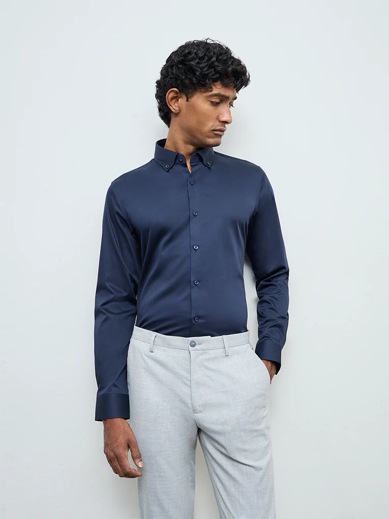 WES Formals Navy Solid Slim-Fit Cotton Shirt