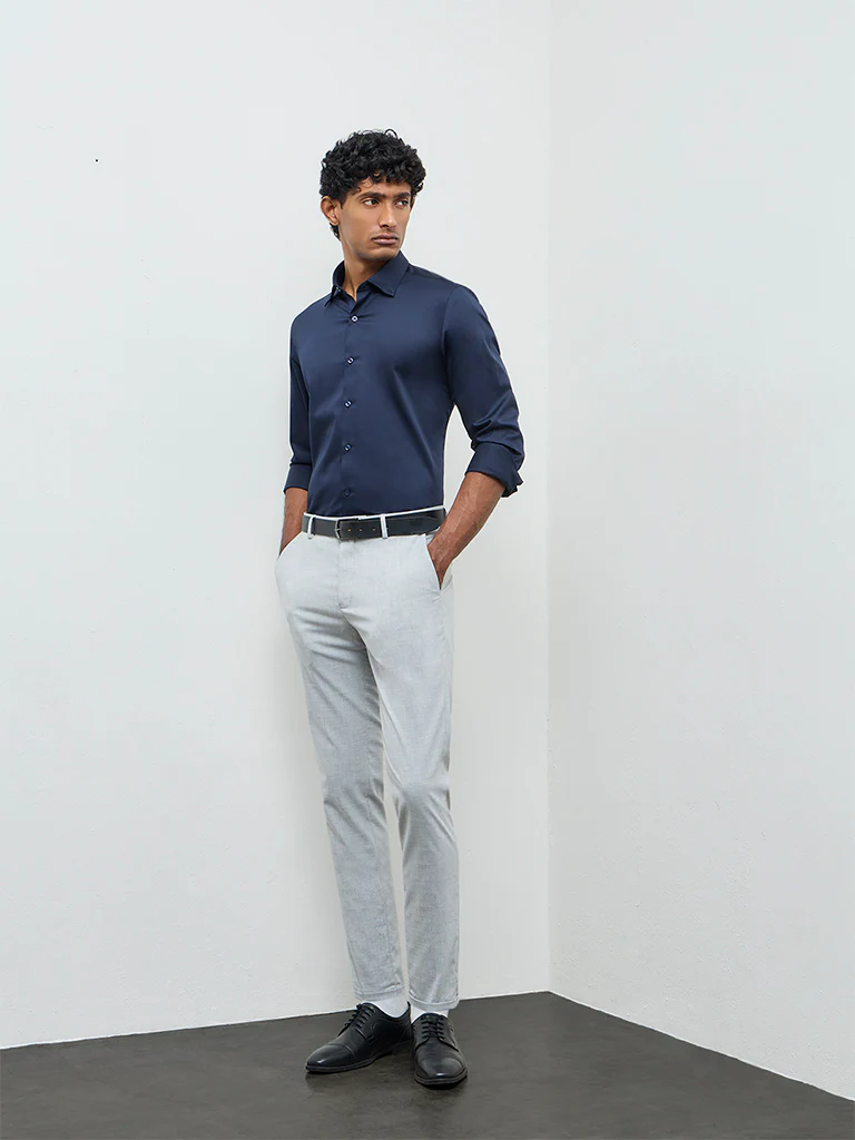 WES Formals Navy Solid Slim-Fit Cotton Shirt - Image 3