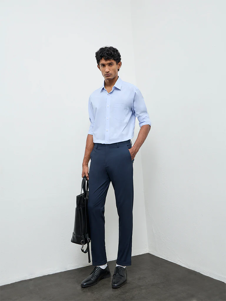 WES Formals Navy Solid Slim-Fit Mid-Rise Trousers