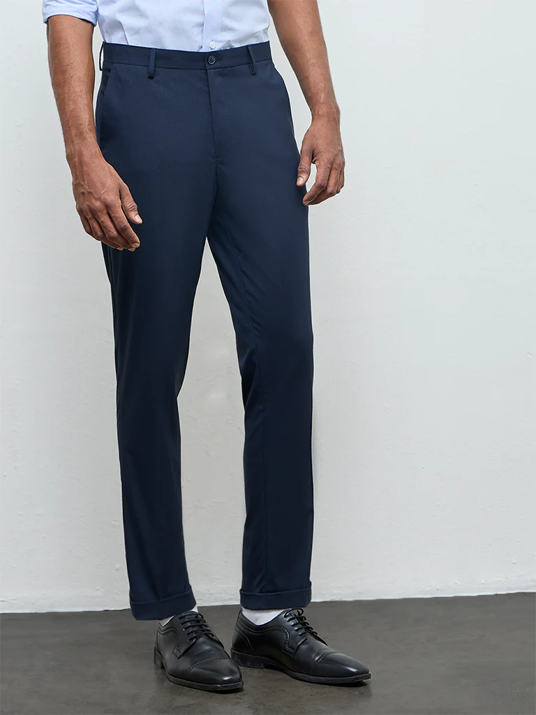 WES Formals Navy Solid Slim-Fit Mid-Rise Trousers - Image 3