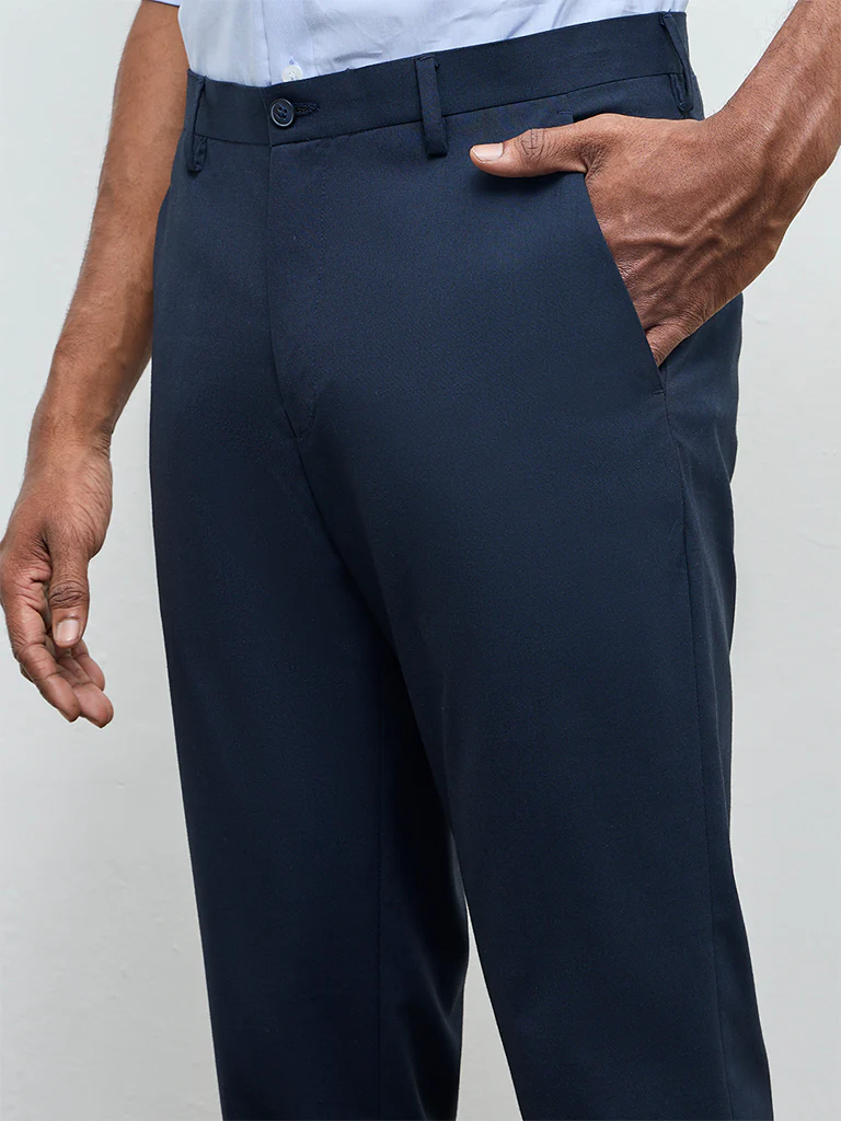 WES Formals Navy Solid Slim-Fit Mid-Rise Trousers - Image 4