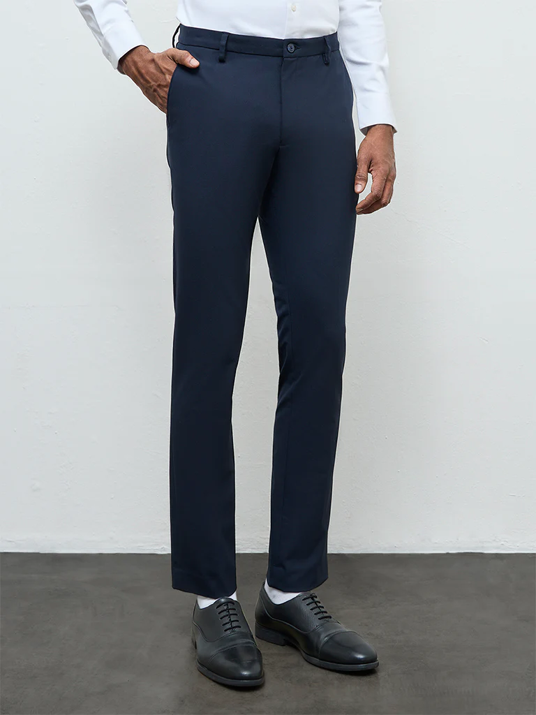 WES Formals Navy Solid Slim-Fit Mid-Rise Trousers - Image 3