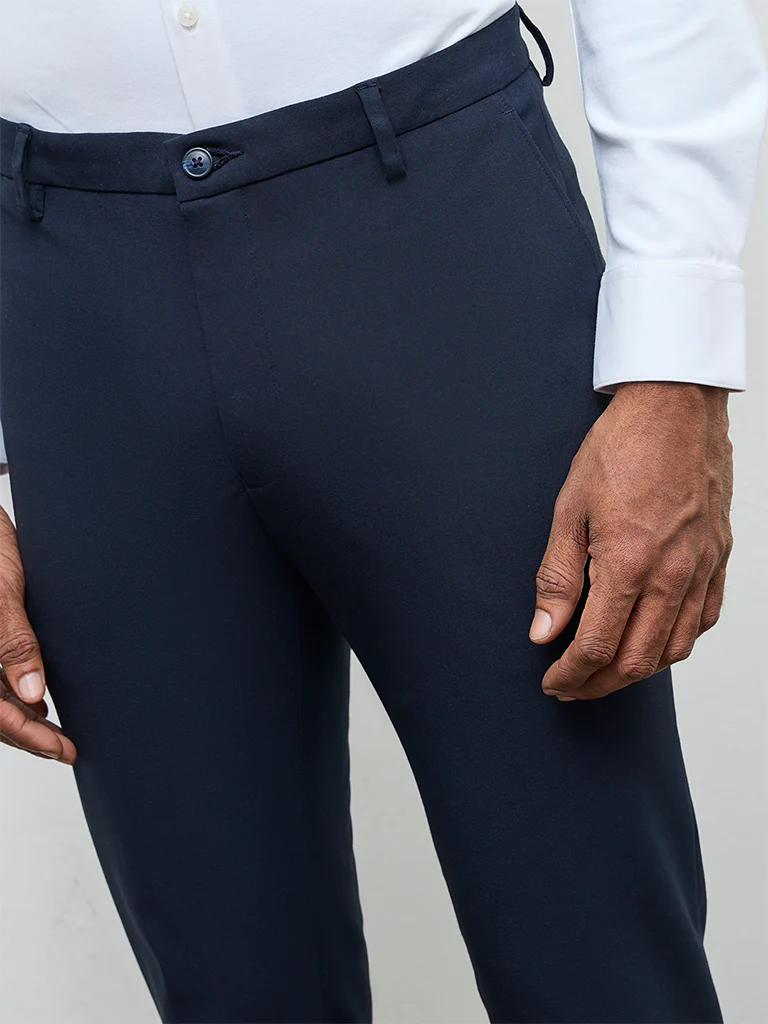WES Formals Navy Solid Slim-Fit Mid-Rise Trousers - Image 4