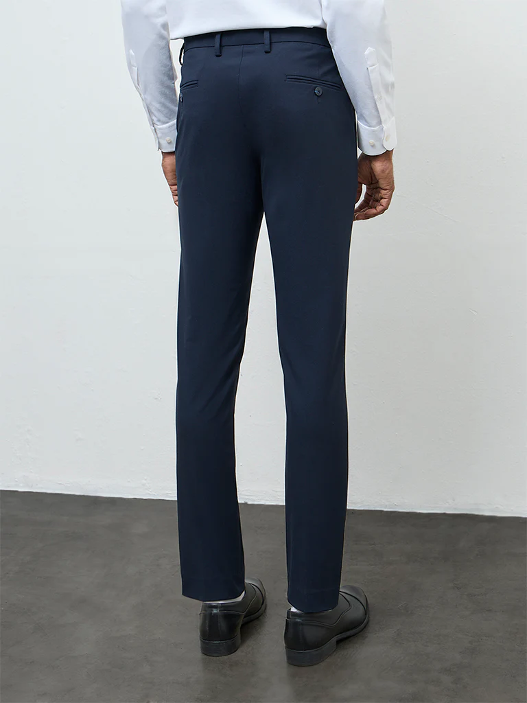 WES Formals Navy Solid Slim-Fit Mid-Rise Trousers - Image 5