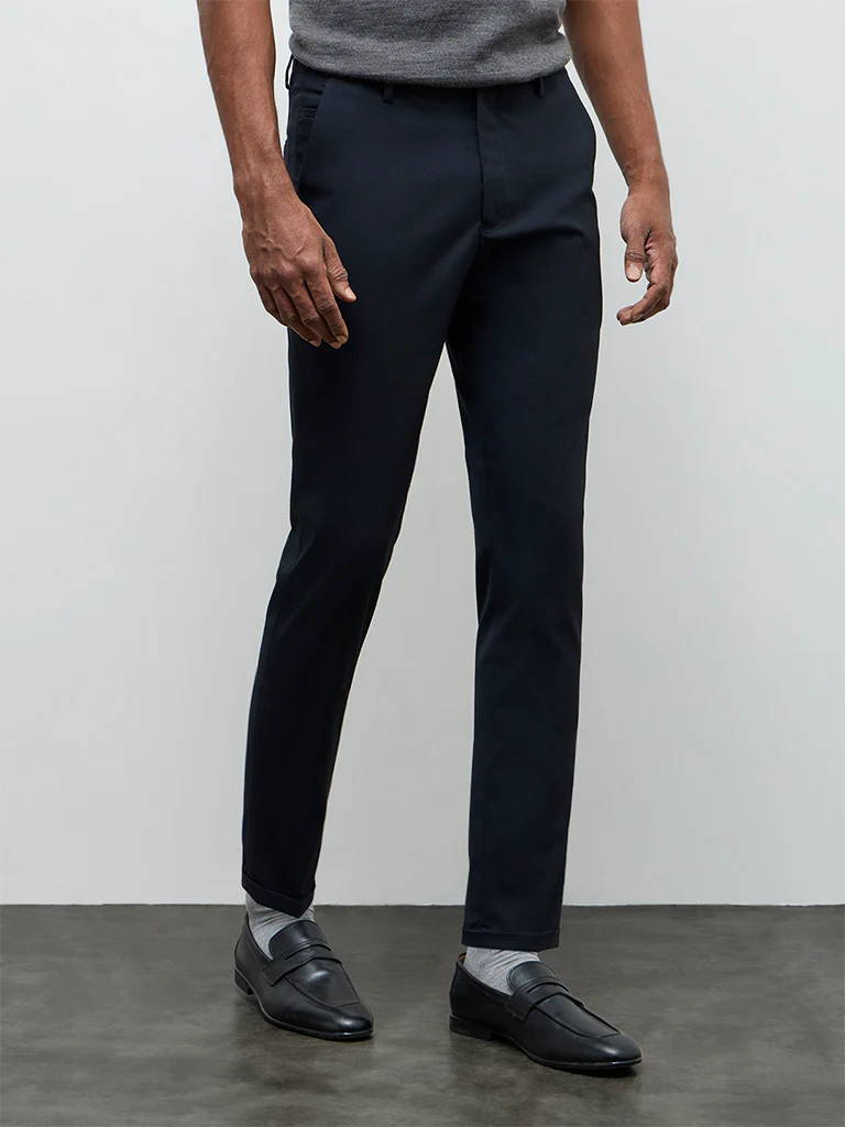WES Formals Navy Solid Slim-Fit Mid-Rise Trousers - Image 2