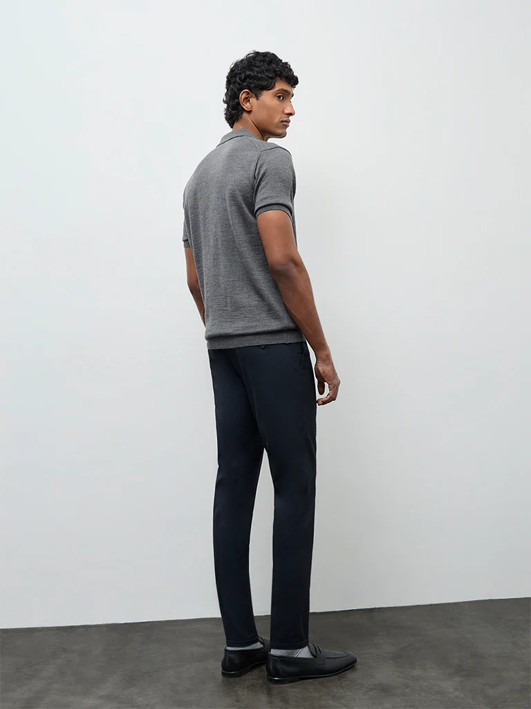 WES Formals Navy Solid Slim-Fit Mid-Rise Trousers - Image 4