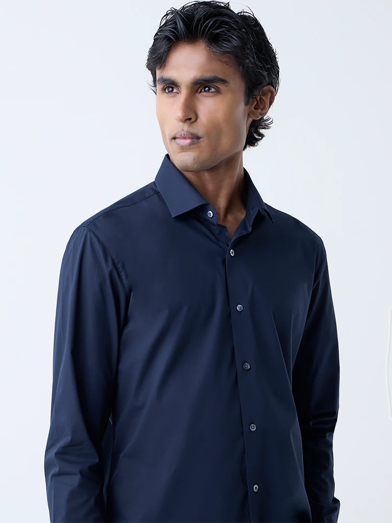 WES Formals Navy Solid Ultra-Slim Fit Cotton-Blend Shirt - Image 3