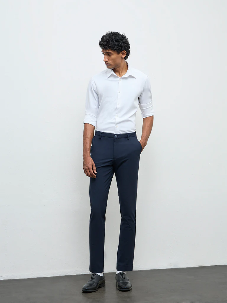 WES Formals Navy Solid Ultra Slim Fit Mid-Rise Trousers