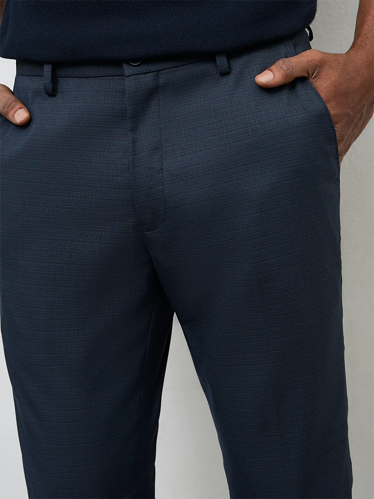 WES Formals Navy Solid Ultra Slim-Fit Mid-Rise Trousers - Image 4