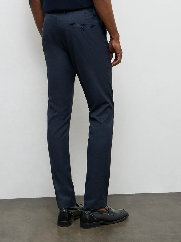 WES Formals Navy Solid Ultra Slim-Fit Mid-Rise Trousers - Image 5