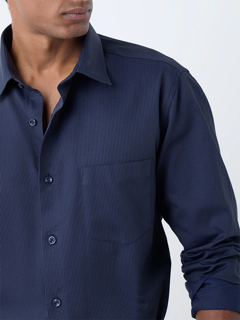 WES Formals Navy Striped Relaxed-Fit Cotton Shirt - Image 2