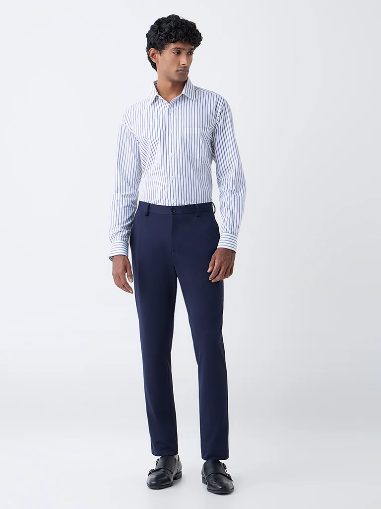 WES Formals Navy Striped Relaxed-Fit Cotton Shirt - Image 3