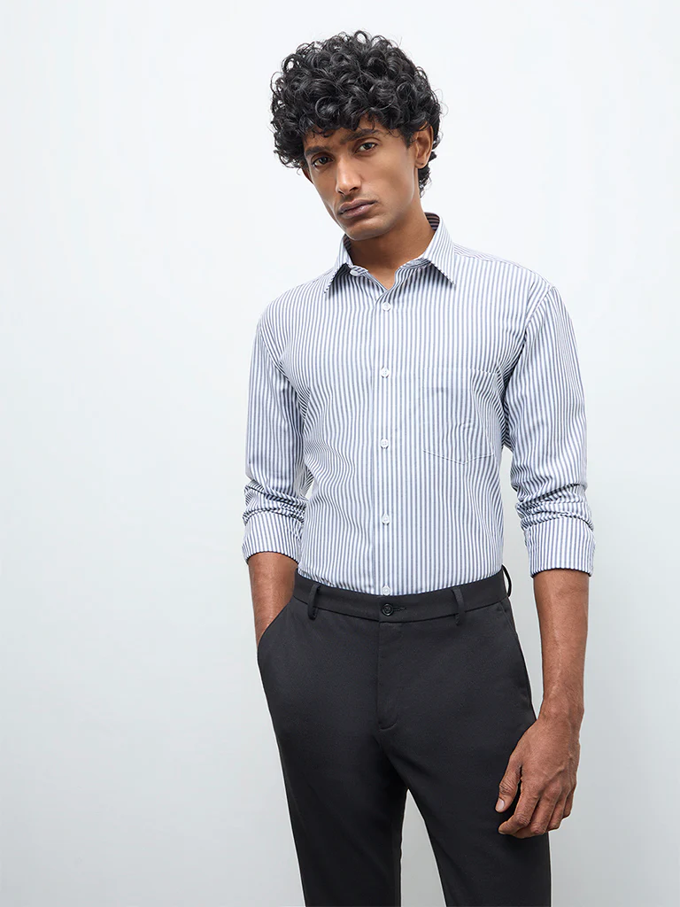 WES Formals Navy Striped Relaxed-Fit Cotton Shirt