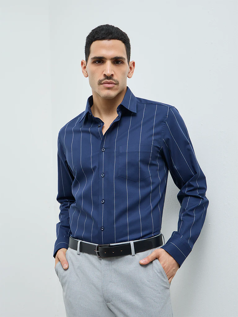 WES Formals Navy Striped Slim-Fit Cotton Shirt - Image 2