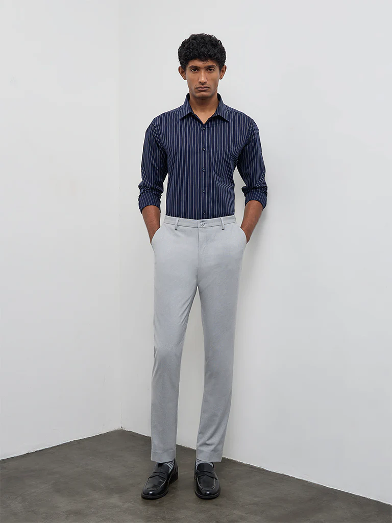 WES Formals Navy Striped Slim-Fit Cotton Shirt