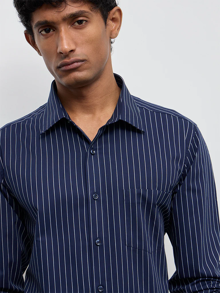 WES Formals Navy Striped Slim-Fit Cotton Shirt - Image 3