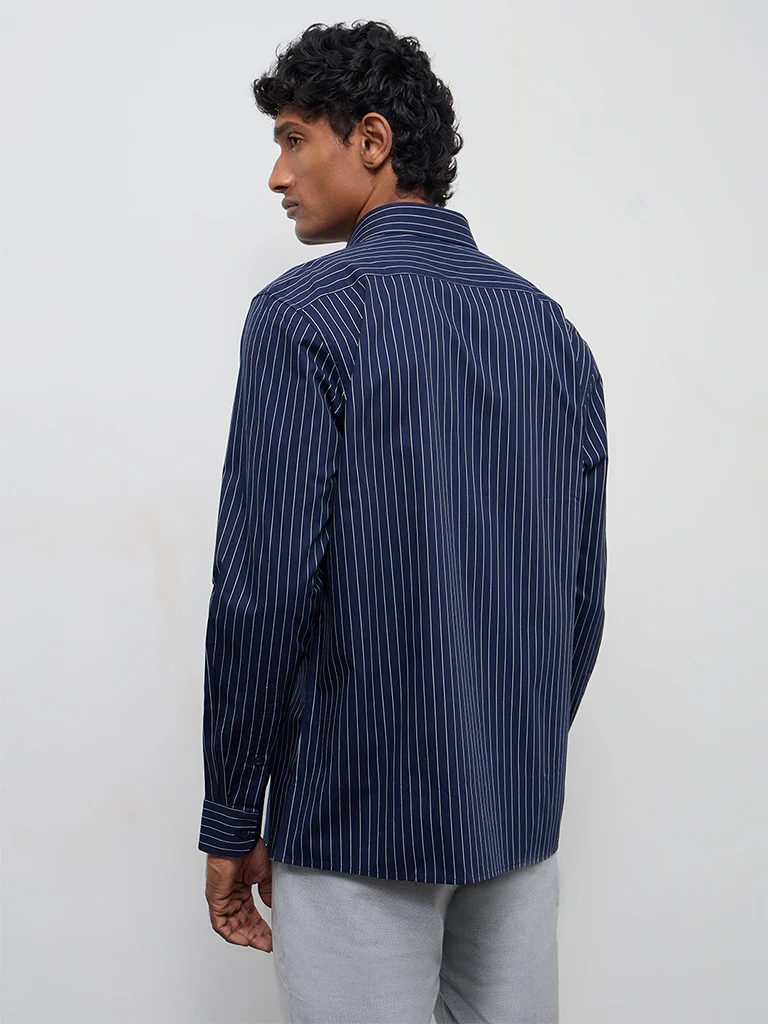 WES Formals Navy Striped Slim-Fit Cotton Shirt - Image 4