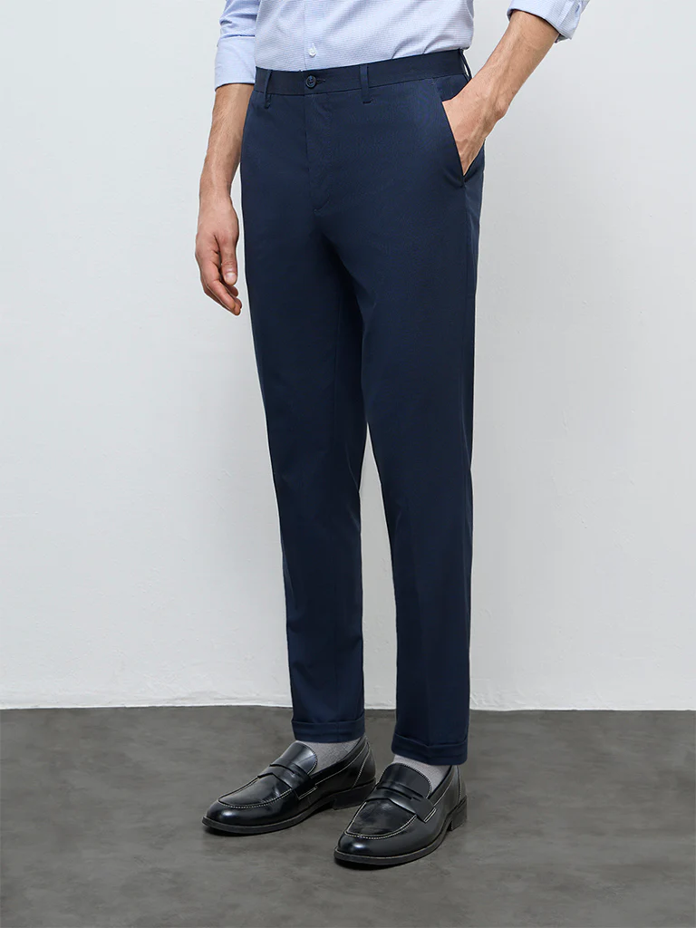 WES Formals Navy Textured Mid-Rise Slim-Fit Trousers - Image 2