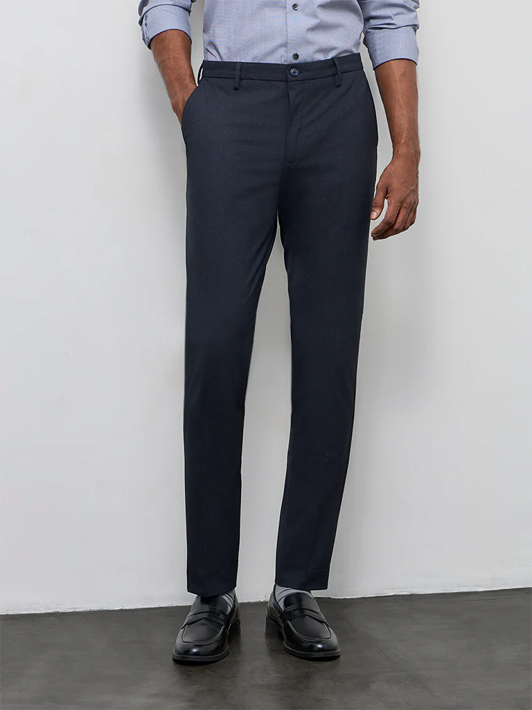 WES Formals Navy Ultra Slim-Fit Mid-Rise Trousers