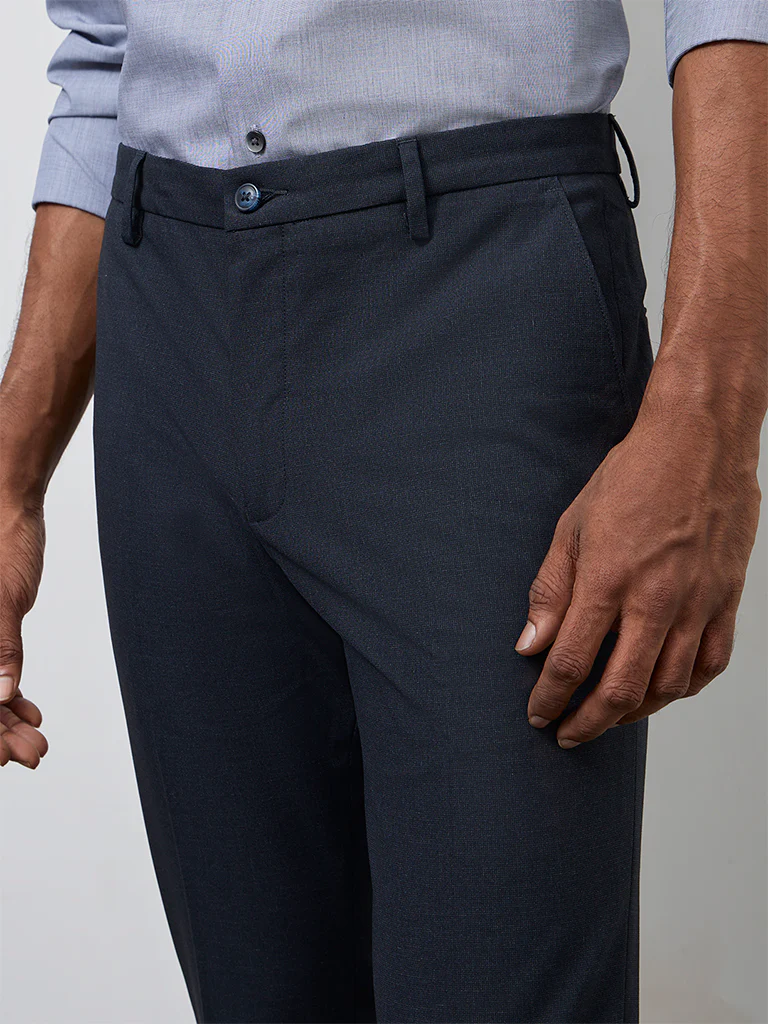 WES Formals Navy Ultra Slim-Fit Mid-Rise Trousers - Image 3