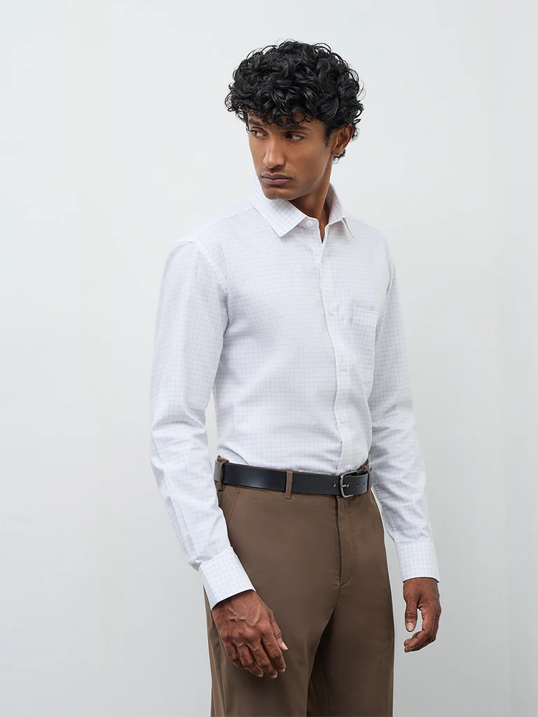 WES Formals Off-White Check Relaxed Fit Cotton Shirt