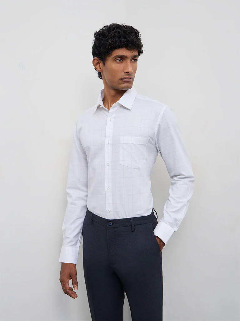 WES Formals Off-White Checkered Slim-Fit Cotton Shirt