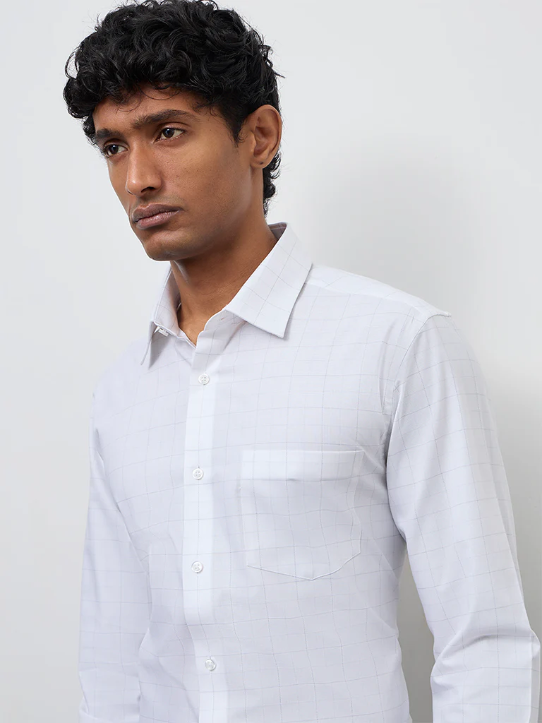 WES Formals Off-White Checkered Slim-Fit Cotton Shirt - Image 3