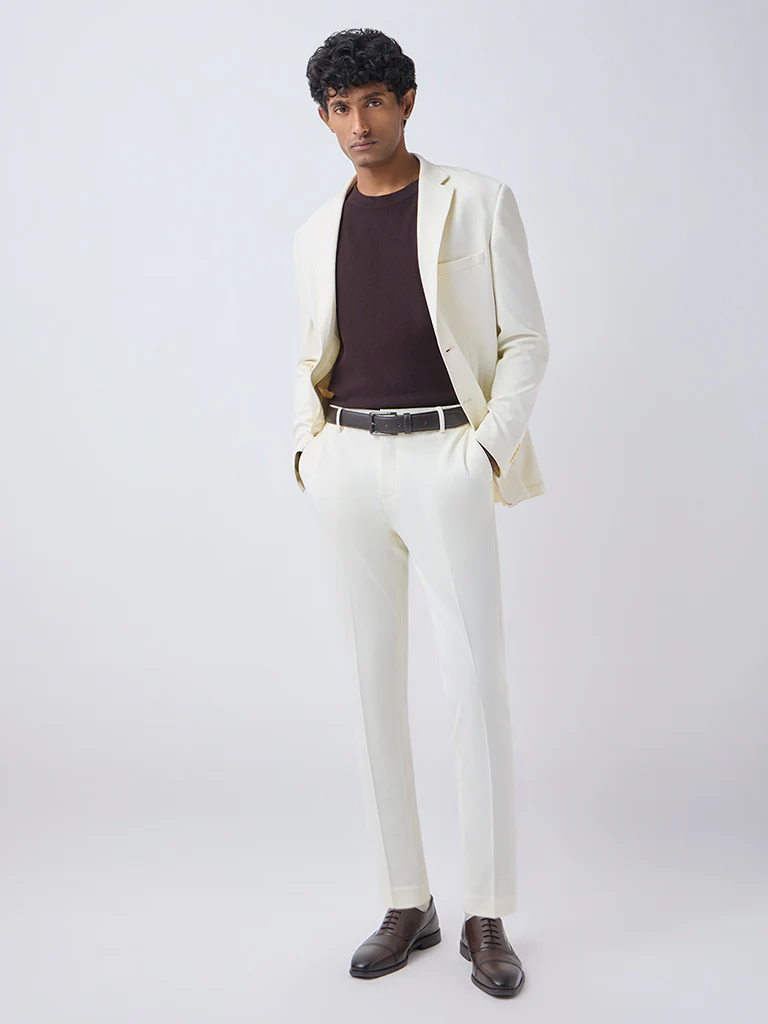 WES Formals Off-White Slim-Tapered Fit Mid-Rise Trousers