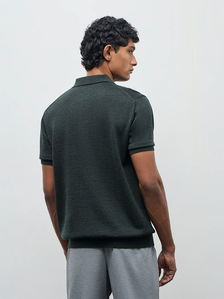 WES Formals Olive Knit-Textured Relaxed-Fit Polo T-Shirt - Image 5