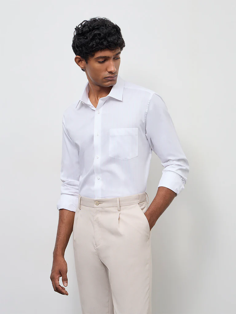 WES Formals Pink Striped Slim-Fit Cotton Shirt