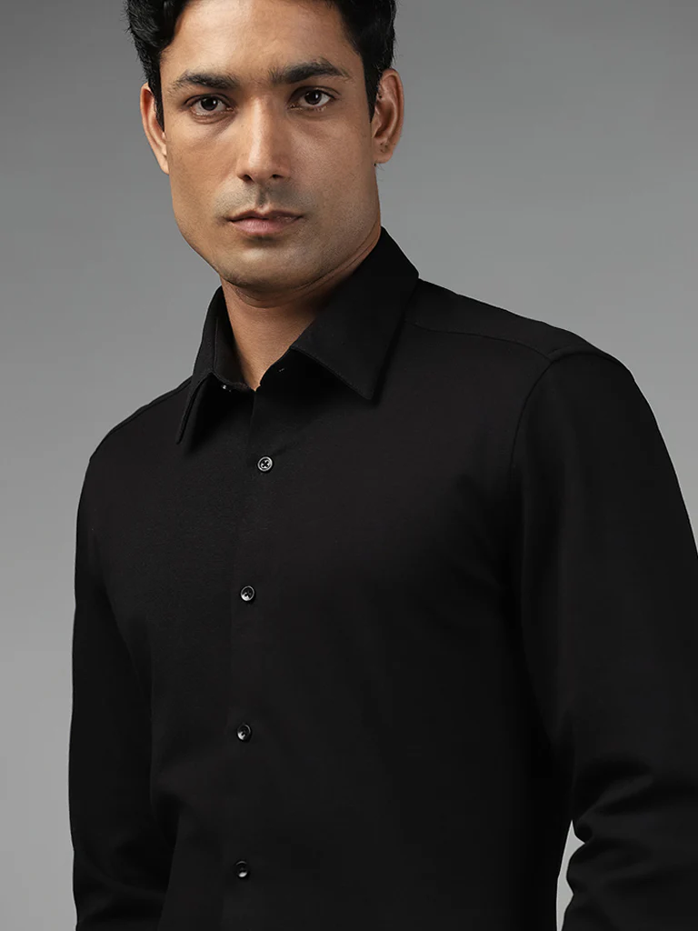 WES Formals Plain Black Cotton-Blend Slim-Fit Shirt - Image 3