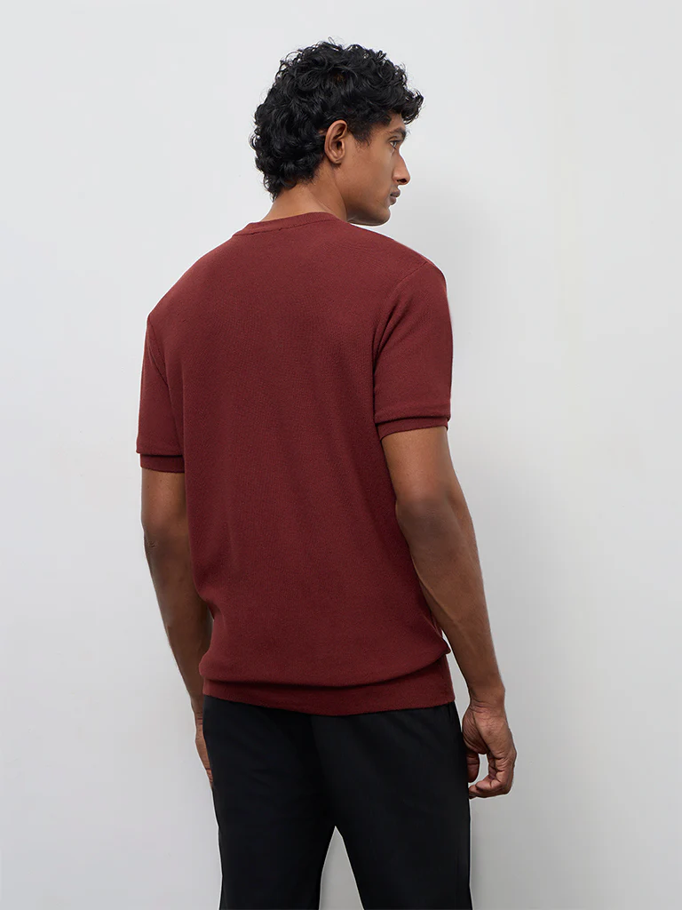 WES Formals Rust Knit-Textured Slim-Fit T-Shirt - Image 5