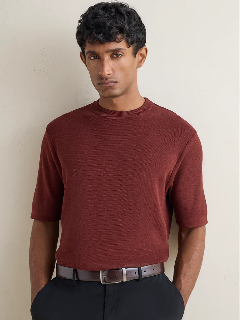 WES Formals Rust Knitted Slim-Fit T-Shirt