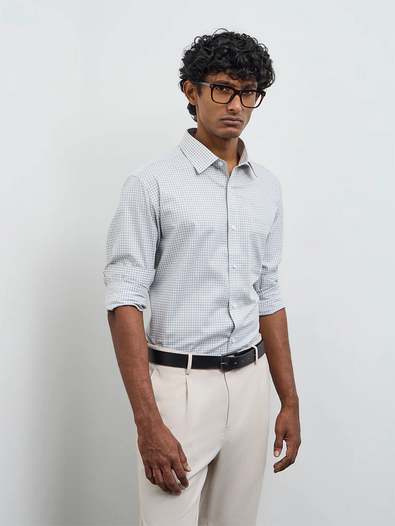 WES Formals Sage Gingham Check Relaxed Fit Cotton Shirt