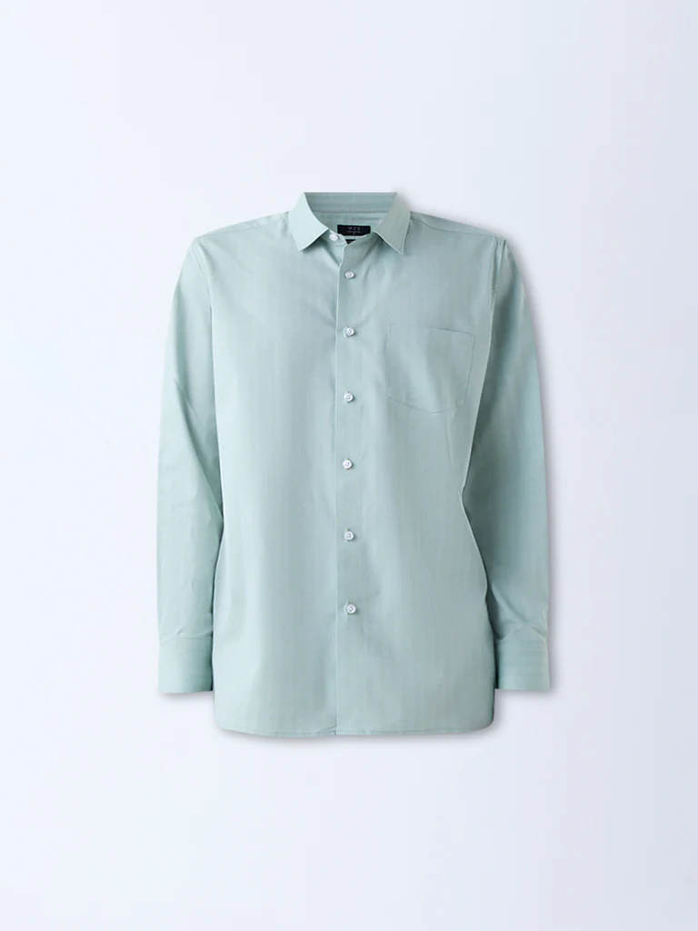 WES Formals Sage Self-Striped Relaxed-Fit Cotton Shirt - Image 5