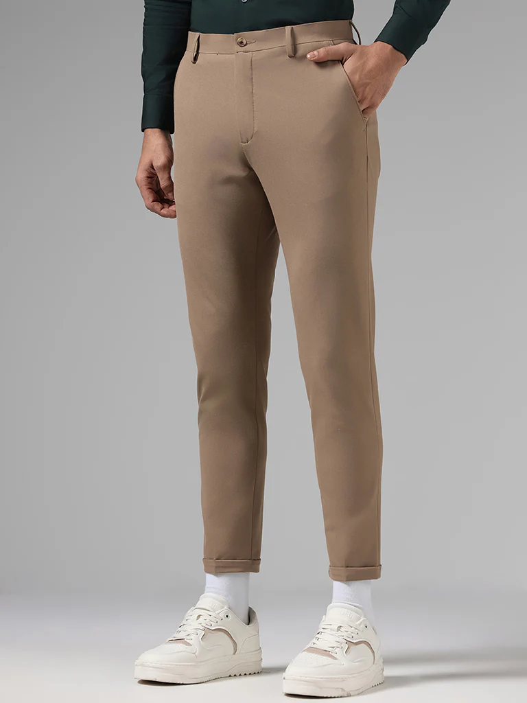 WES Formals Solid Dark Khaki Slim-Fit Mid-Rise Trousers - Image 3