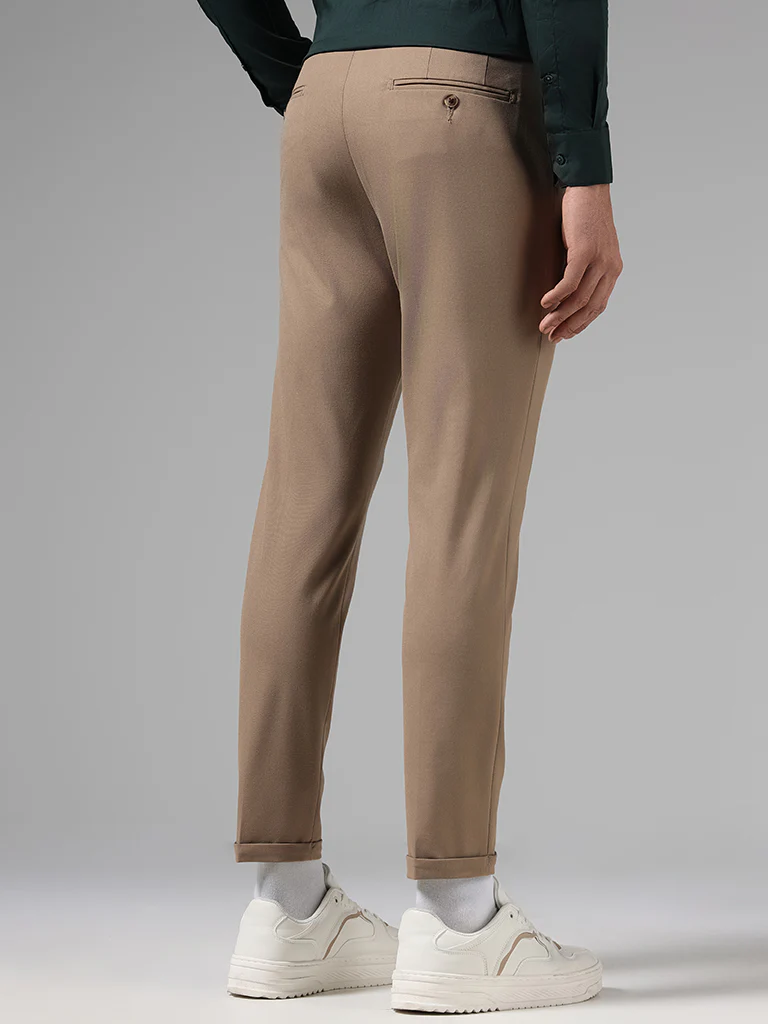 WES Formals Solid Dark Khaki Slim-Fit Mid-Rise Trousers - Image 4