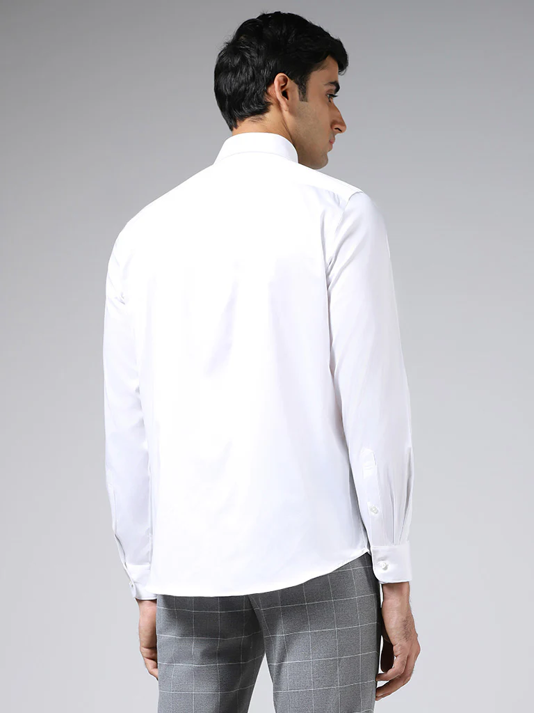 WES Formals Solid White Cotton-Blend Slim-Fit Shirt - Image 5
