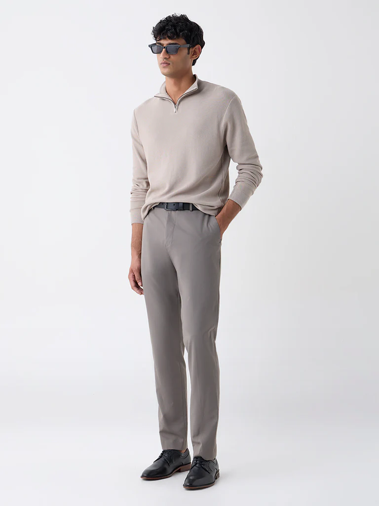WES Formals Taupe Knitted Slim-Fit Quarter-Zip Sweater - Image 4