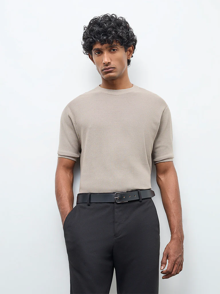 WES Formals Taupe Knitted Slim-Fit T-Shirt