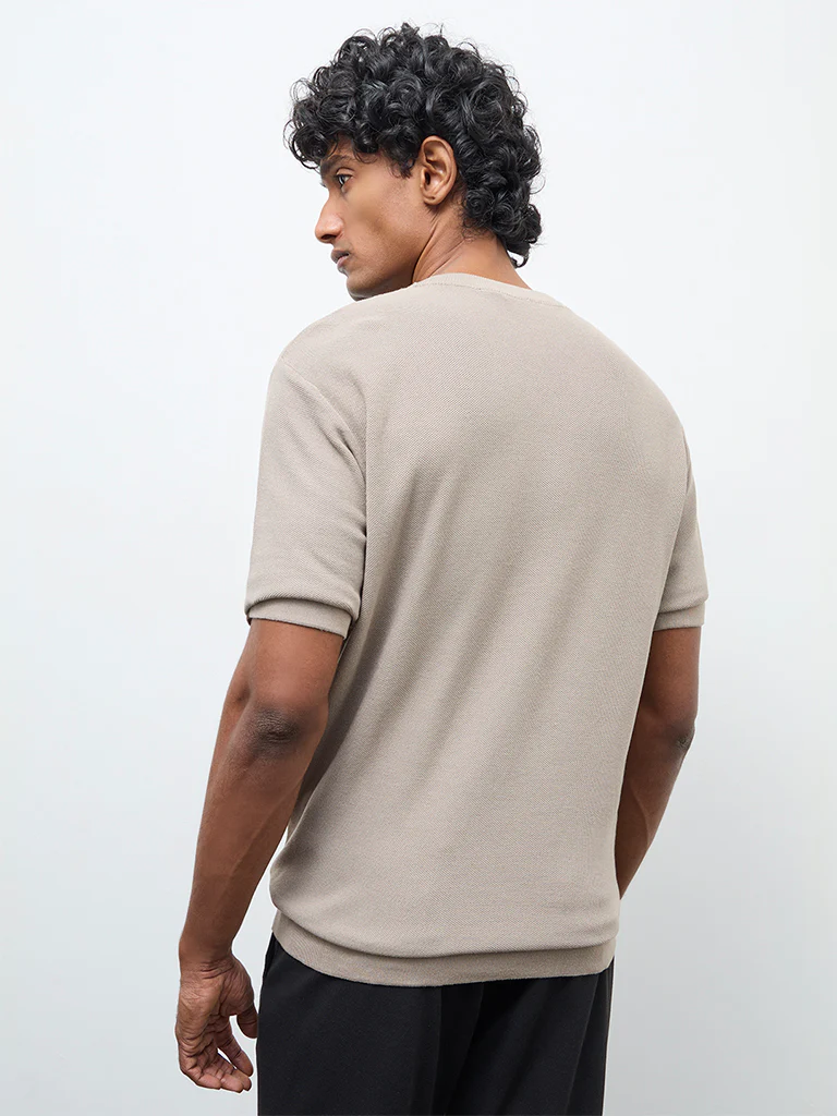 WES Formals Taupe Knitted Slim-Fit T-Shirt - Image 5