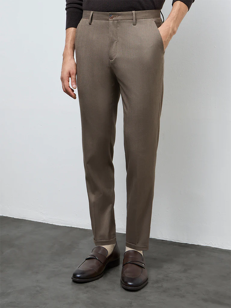 WES Formals Taupe Solid Mid-Rise Slim-Fit Trousers - Image 2