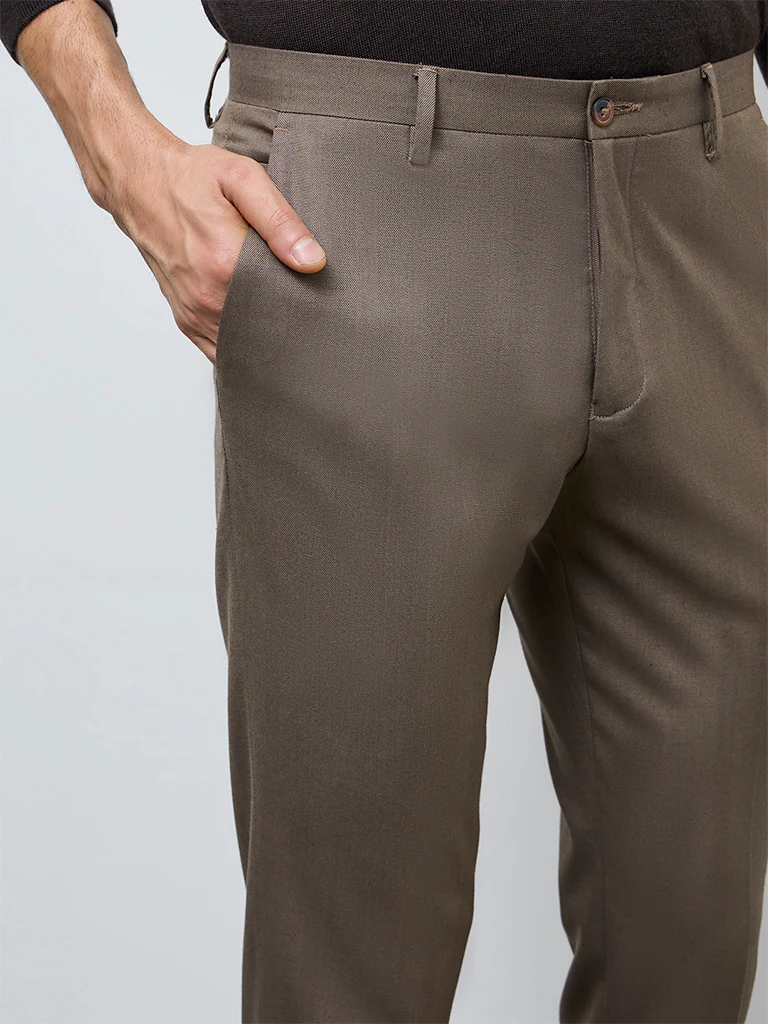 WES Formals Taupe Solid Mid-Rise Slim-Fit Trousers - Image 3