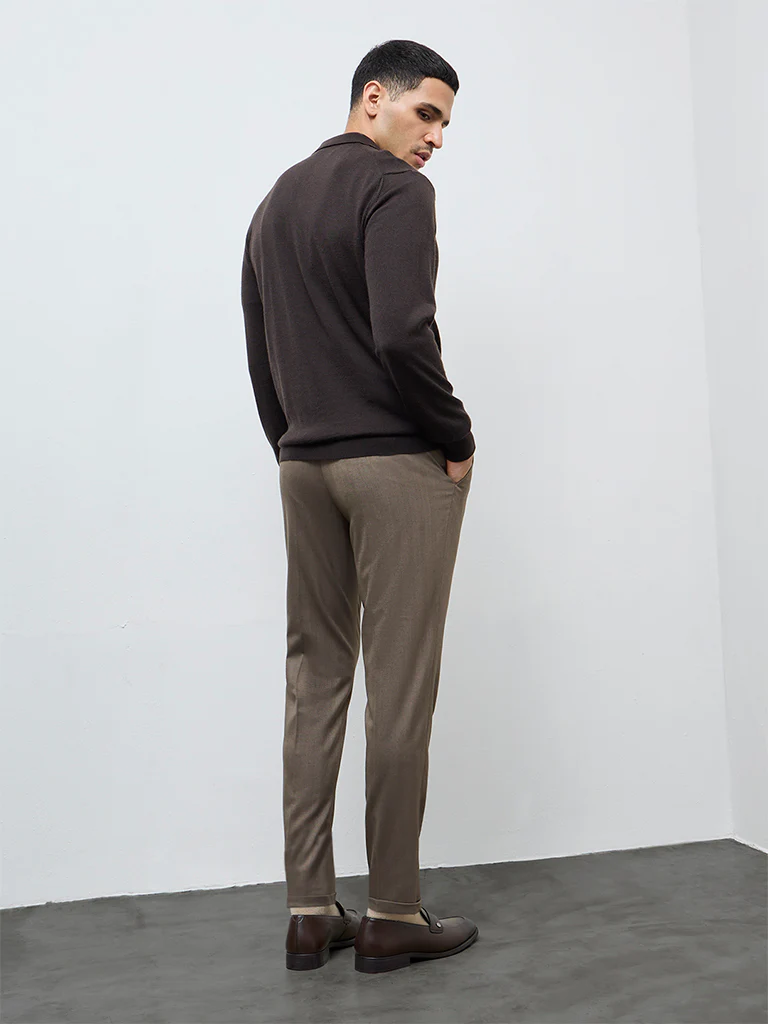 WES Formals Taupe Solid Mid-Rise Slim-Fit Trousers - Image 4