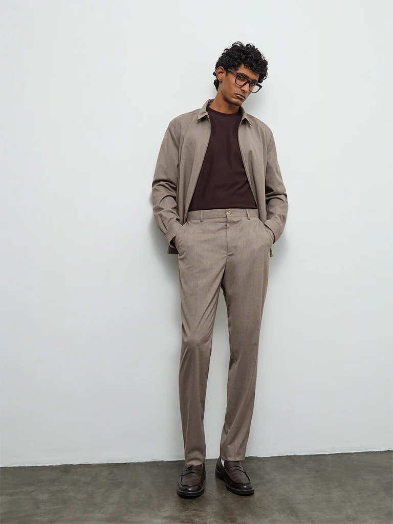 WES Formals Taupe Solid Relaxed-Fit Mid-Rise Trousers