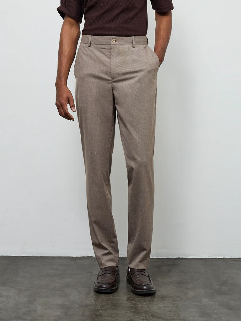 WES Formals Taupe Solid Relaxed-Fit Mid-Rise Trousers - Image 2