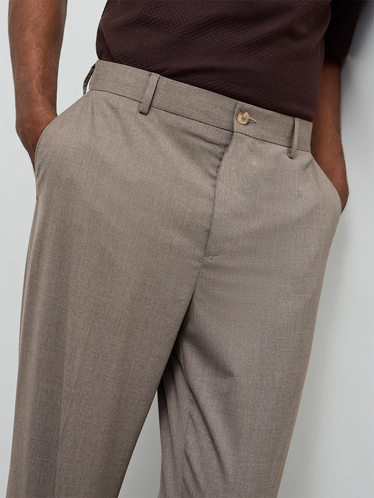 WES Formals Taupe Solid Relaxed-Fit Mid-Rise Trousers - Image 3